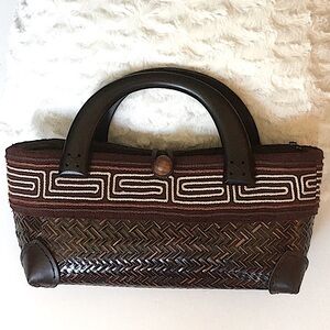 Boho HANDMADE Bag Clutch Woven Embroidery Quilted Wooden Handles Brown Cream